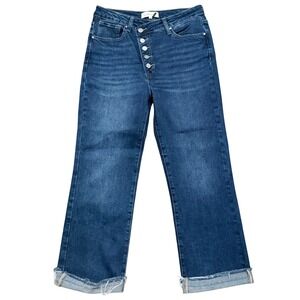 Risen Jeans Womens 11 30 Blue Denim Cropped Flare Button Fly Crossover High Rise